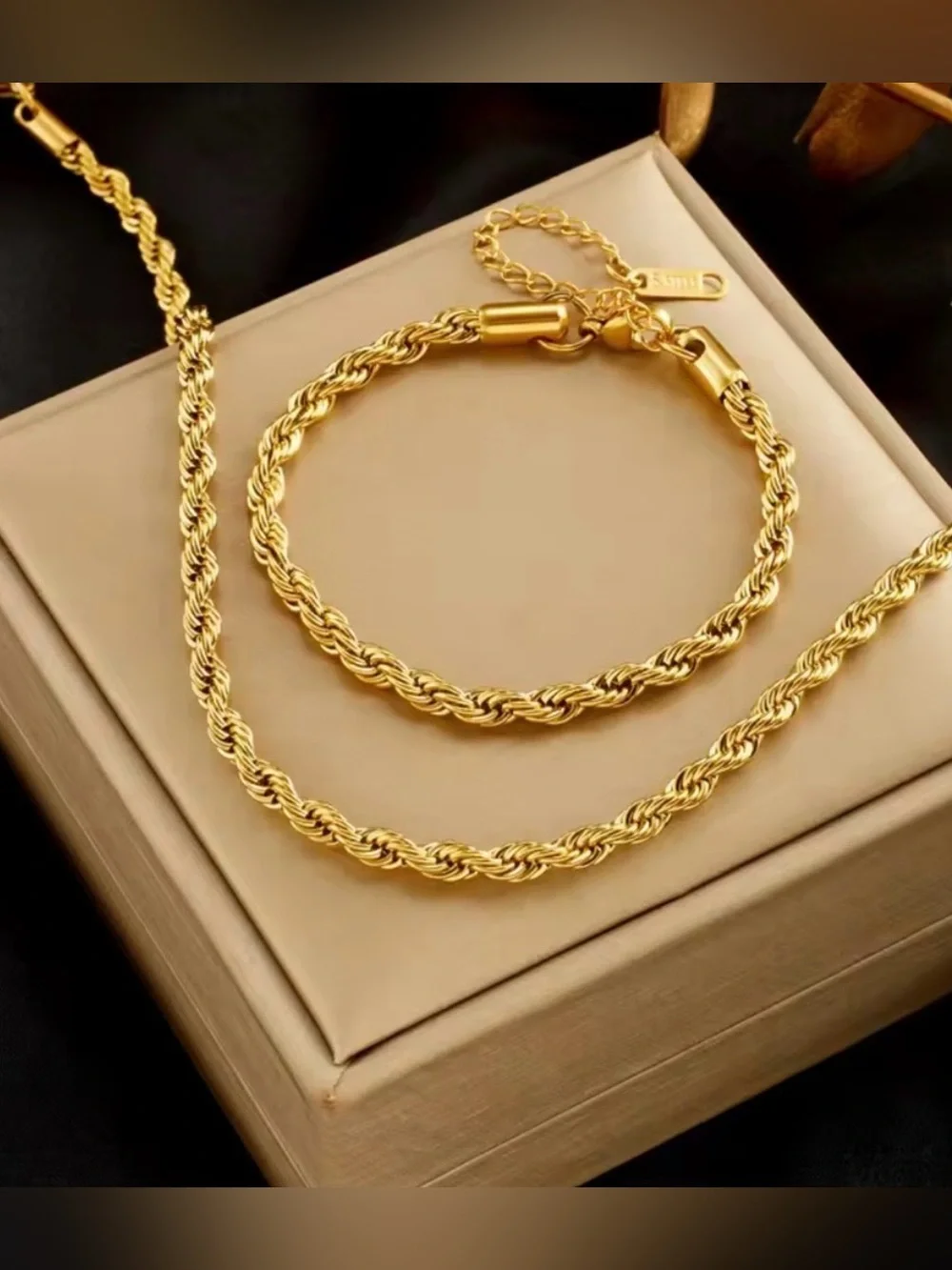 Twisted Rope Necklace Bracelet Set 18K Gold Stainless Steel - Picture 7 of 8